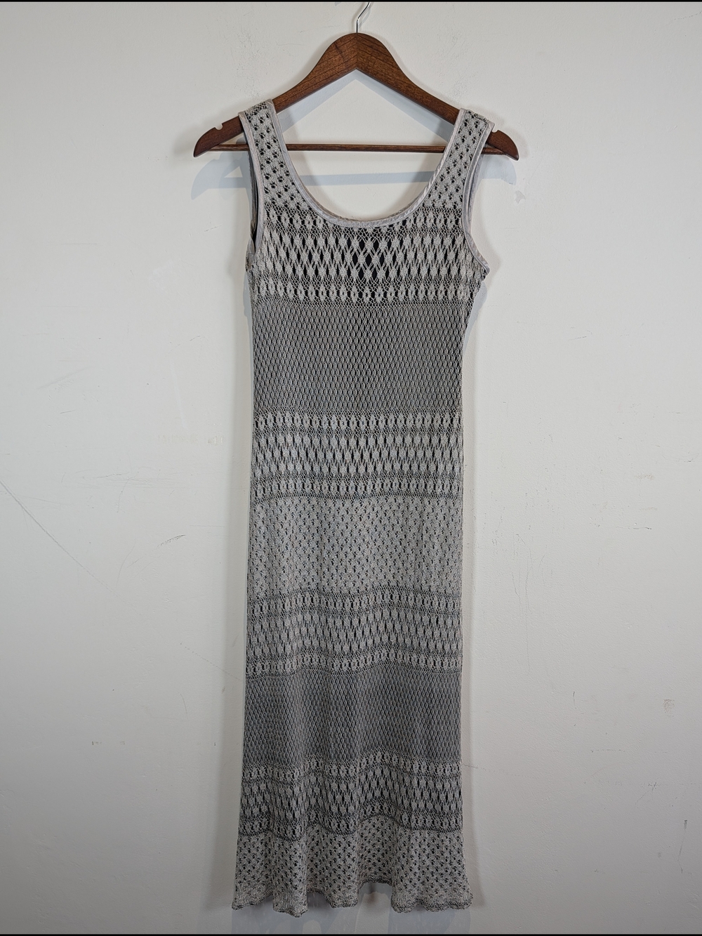 SL FASHIONS Sleeveless Gray Crochet Maxi Dress, Size 8